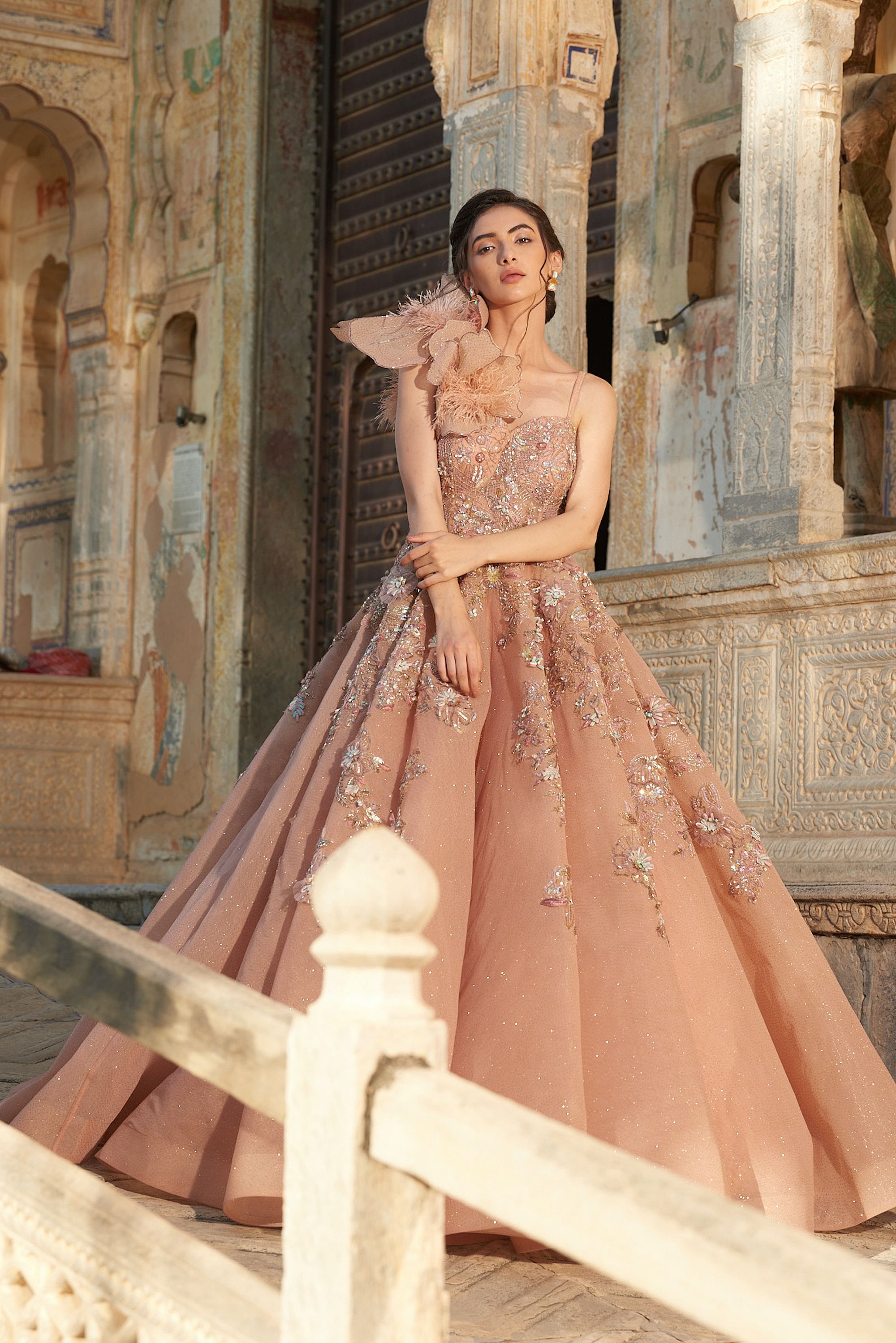 Elegant Peach Embroidered Ball Gown